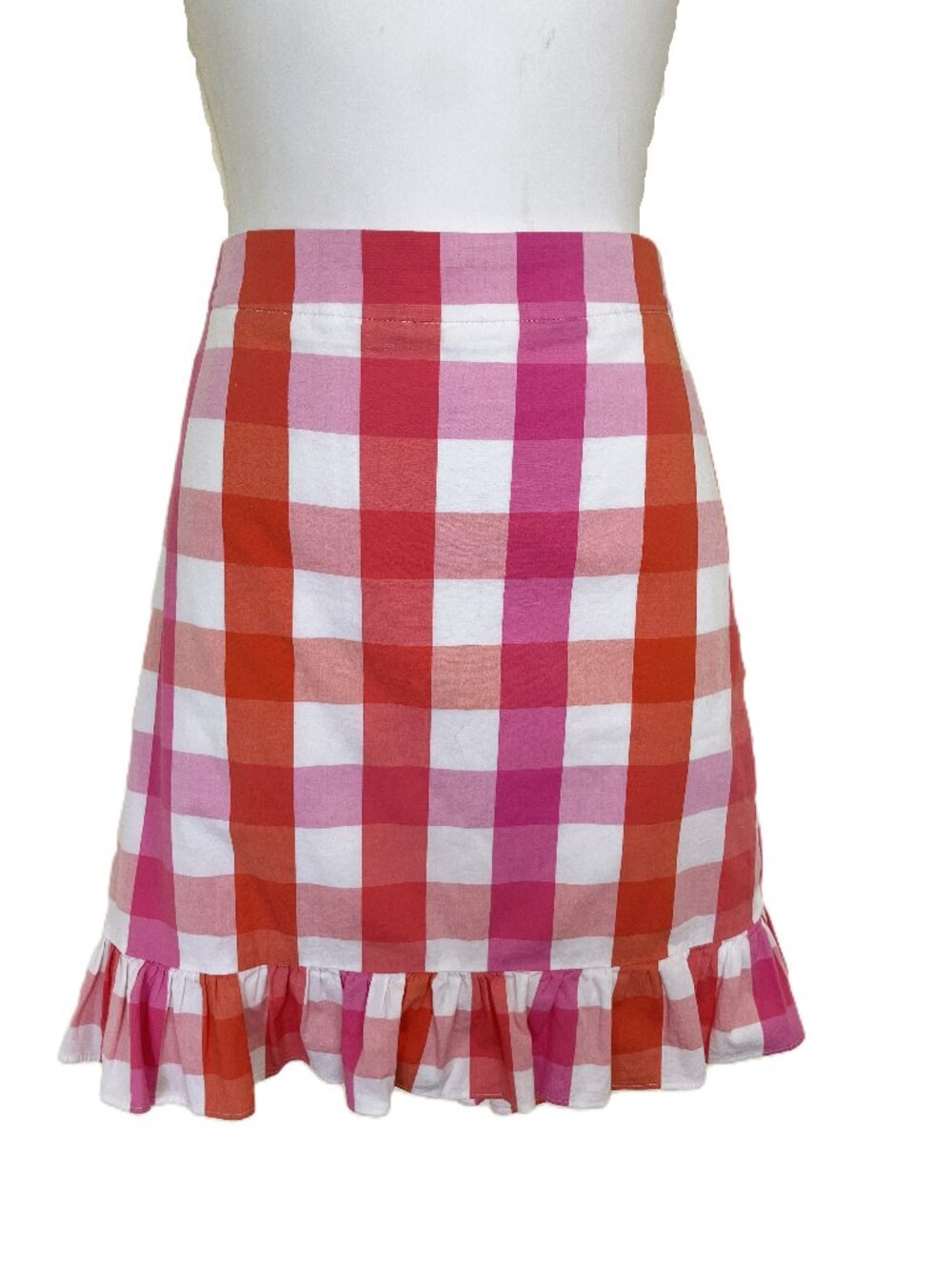 J Crew Mini Skirt with Ruffle Hem Persimmon Gingham Plaid Pink/Orange - Picture 2 of 6